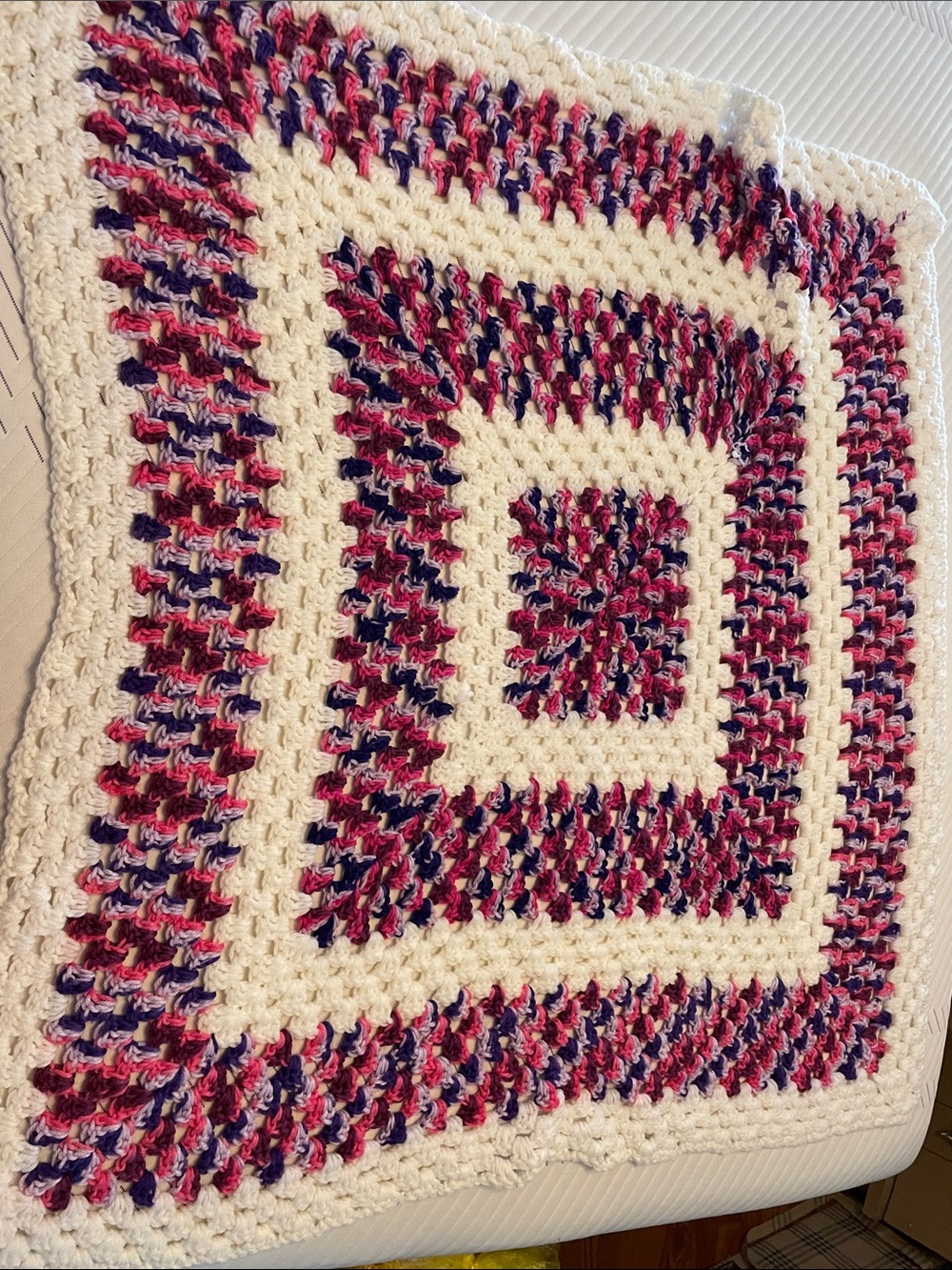 40”Handmade Crochet granny sq Throw Blanket — whitewith Pink and Purple Accents